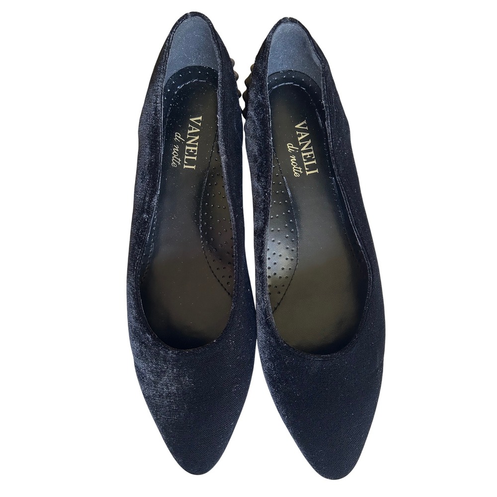 Vaneli Black Velvet Flats Satin Heel Pointed Toe di Notte Geesol Italy 8N Narrow